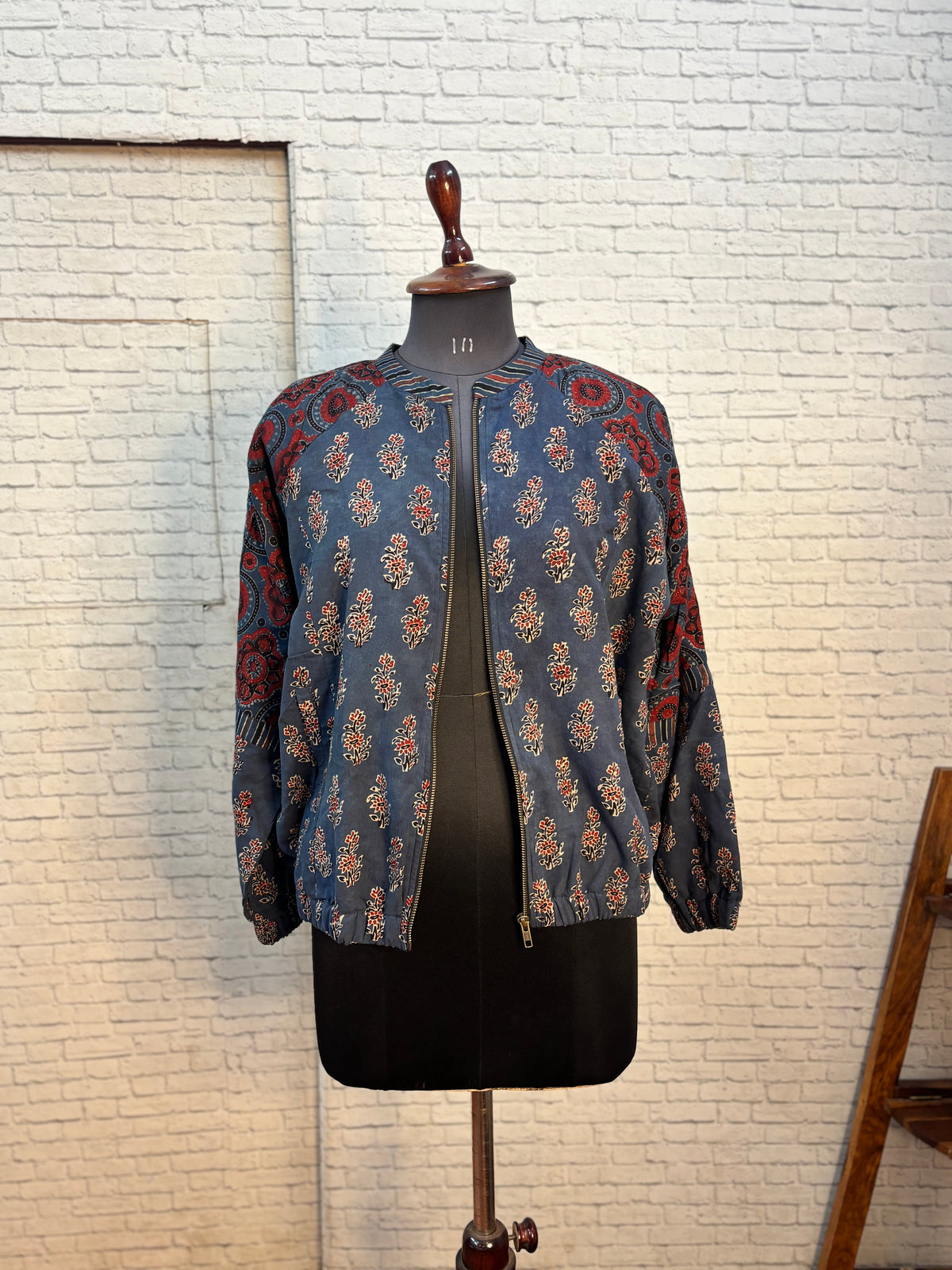 Indigo Red Ajrakh Hand Block Printed Unisex Bomber Jacket