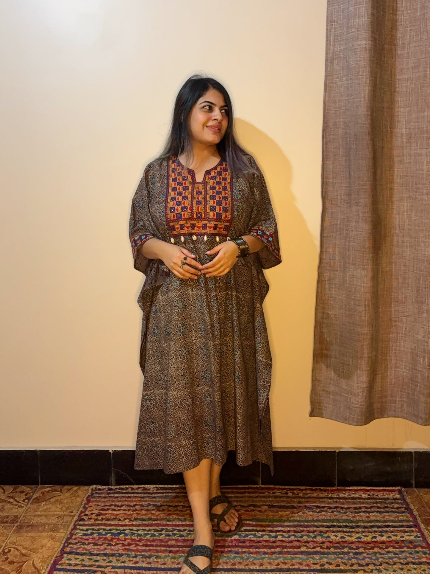 Greyish Brown Ajrakh Hand Embroidered Patch Kaftan