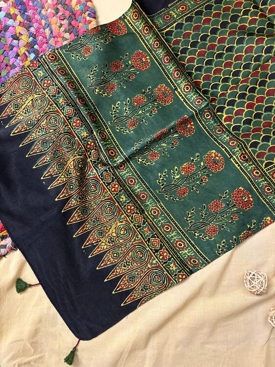 Green Fishscale Ajrakh Hand Block Printed Mashru Silk Stole