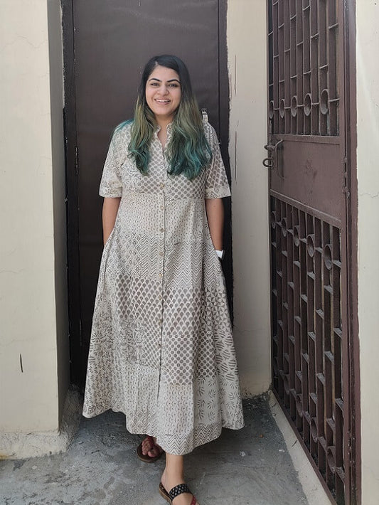 Dharani Hand Block Printed A Line Maxi Shirt Dress