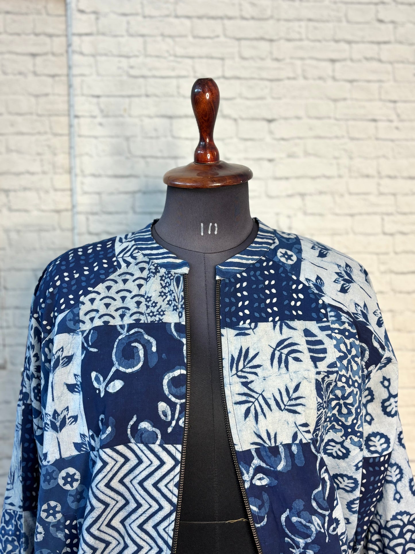 Indigo Dabu Block Printed Patch Work Unisex Bomber Jacket