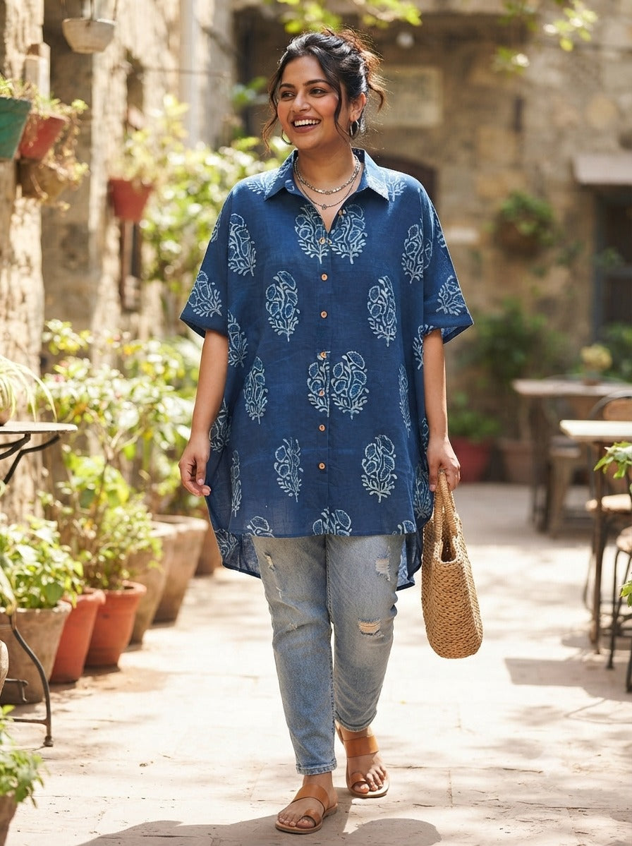 Indigo Flower Cotton High Low Shirt Kaftan
