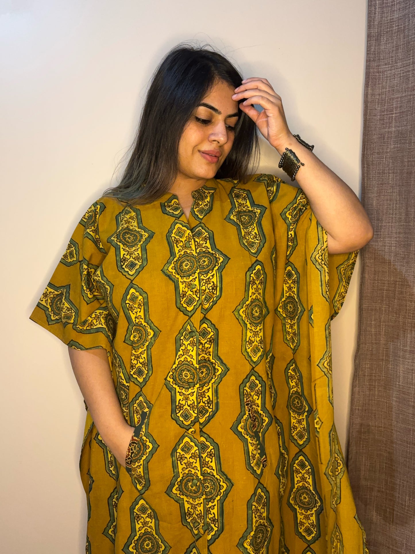 Yellow High Low Ajrakh Midi Cotton Shirt Kaftan