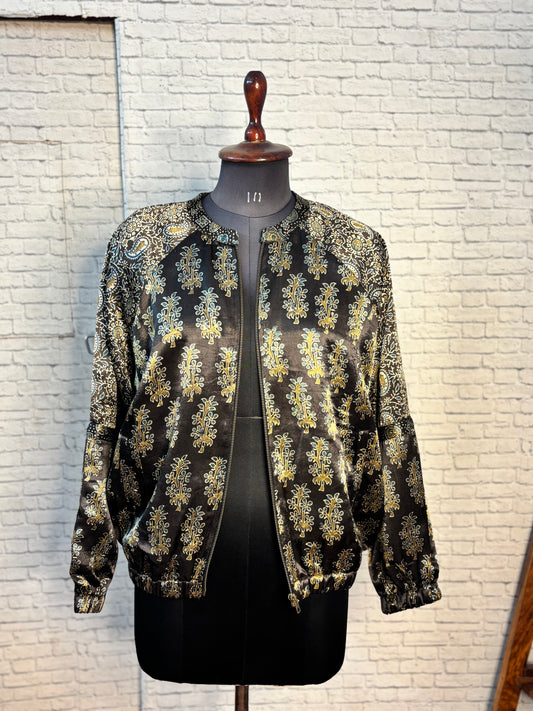 Black Olive Green Mashru Silk Ajrakh Unisex Bomber Jacket