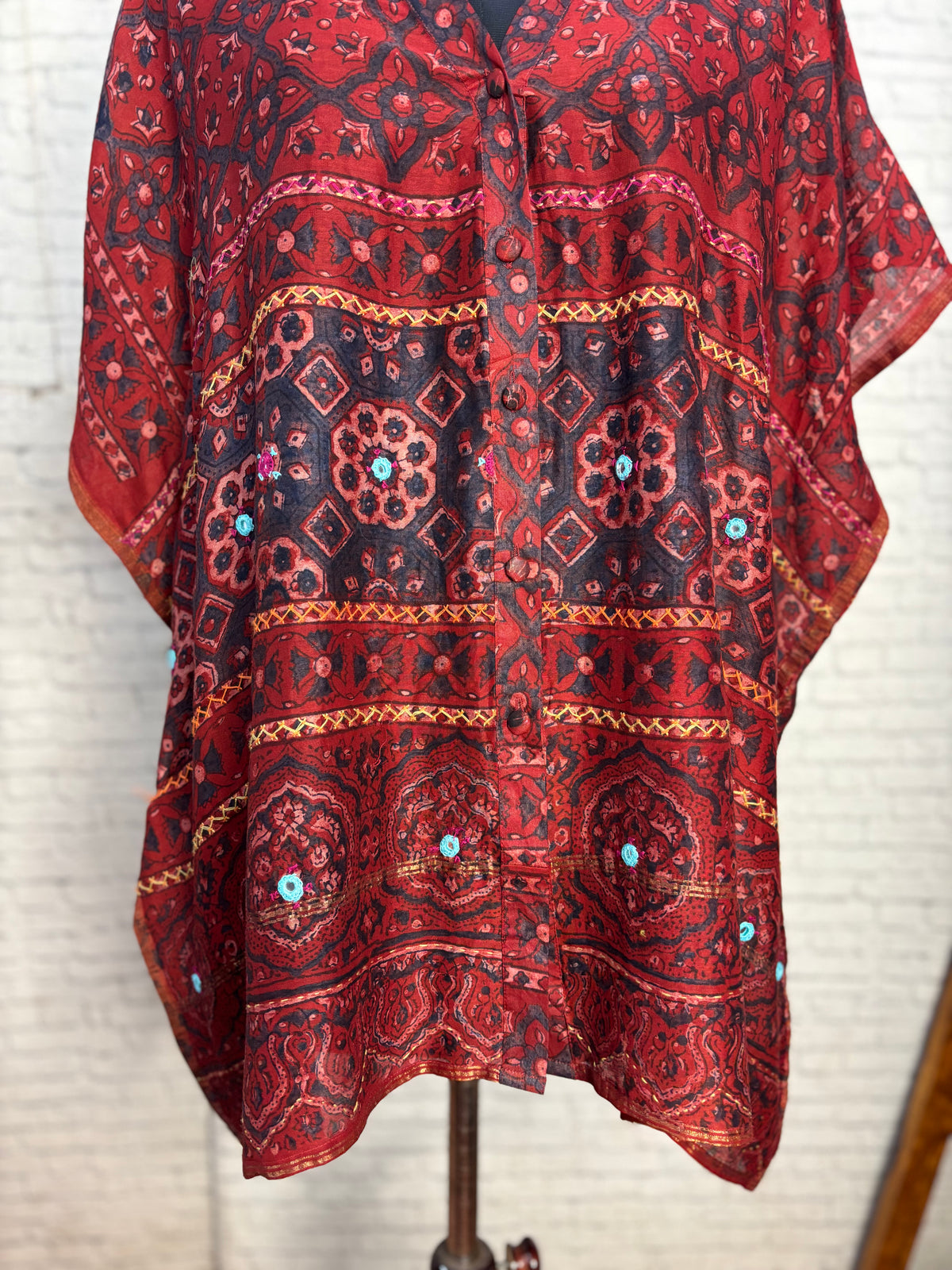 Red Ajrakh Chanderi Shirt Kaftan with Hand Embroidery