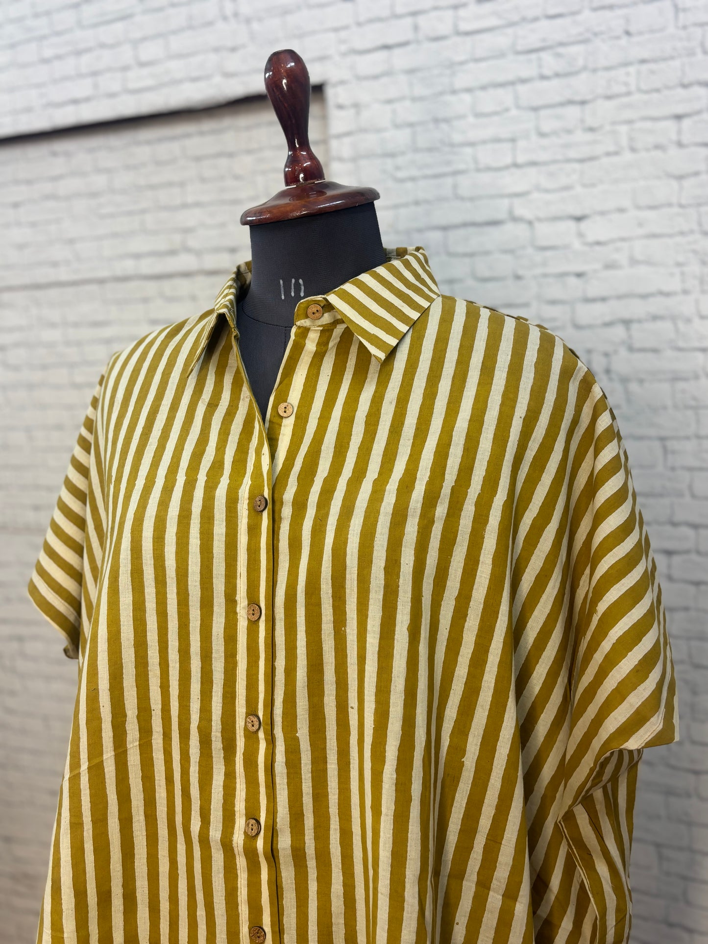 Yellow Stripes Bagru Cotton High Low Shirt Kaftan