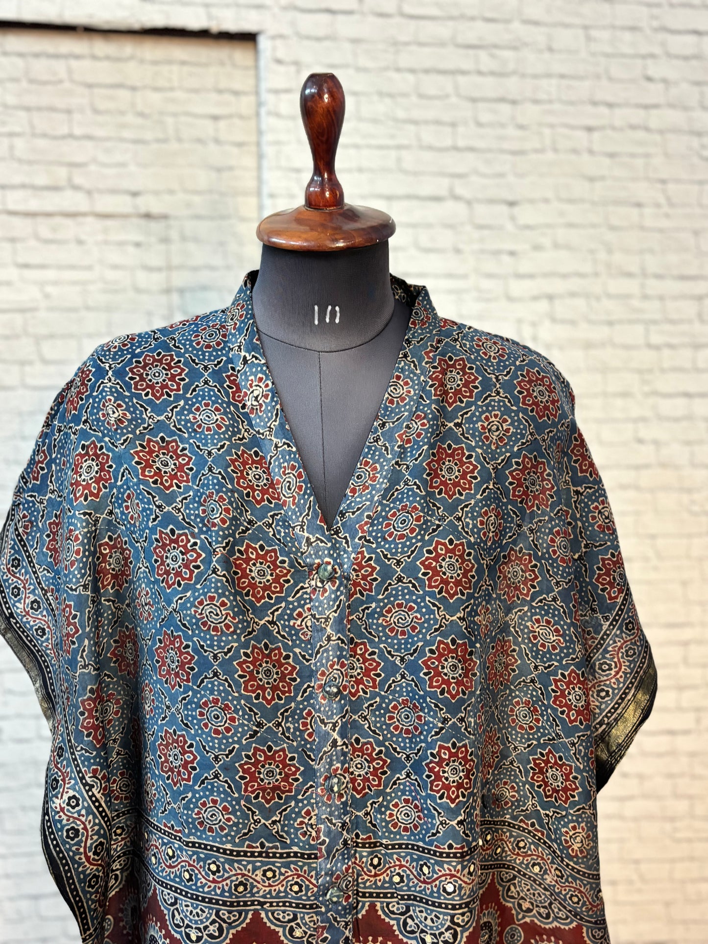 Indigo Red Ajrakh Chanderi Shirt Kaftan with Sequin Detailing