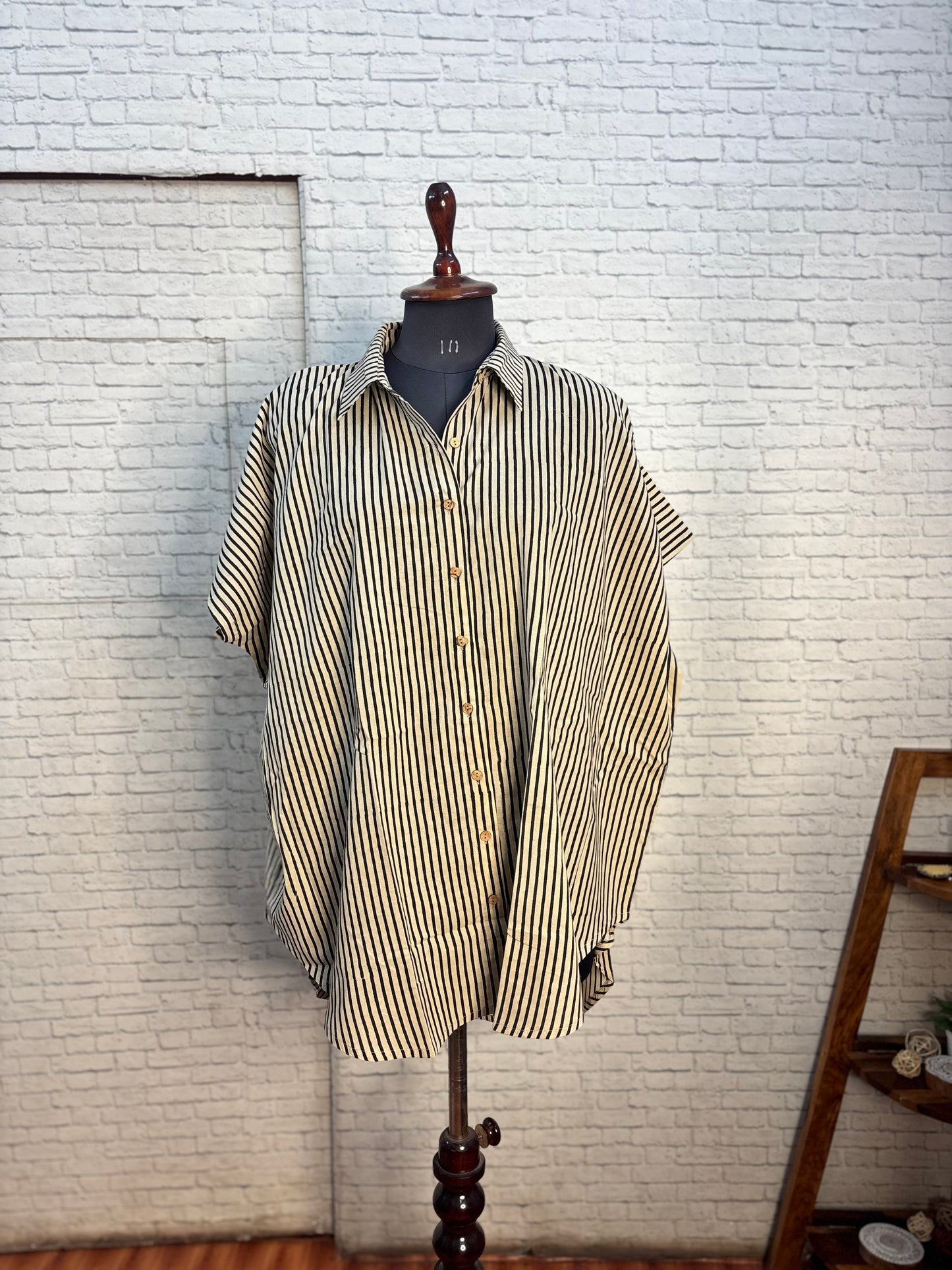 White Black Stripes Cotton High Low Shirt Kaftan