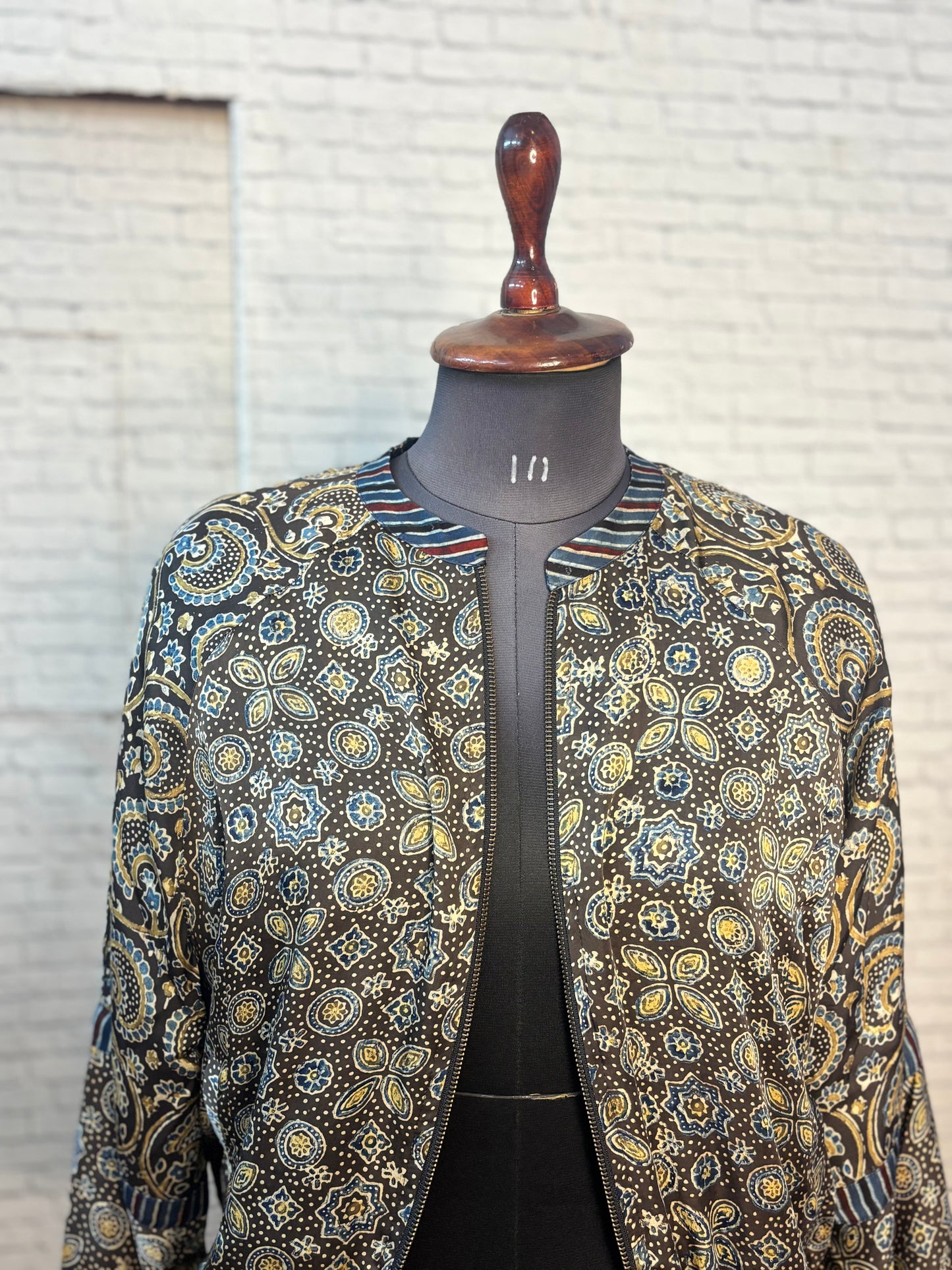 Dark Brown Modal Silk Ajrakh Unisex Bomber Jacket