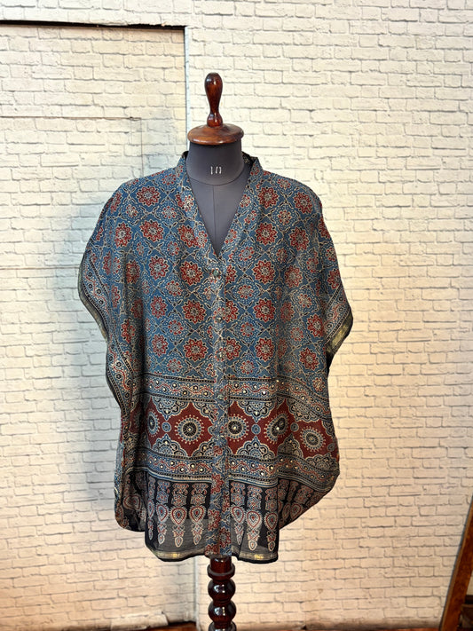 Indigo Red Ajrakh Chanderi Shirt Kaftan with Sequin Detailing