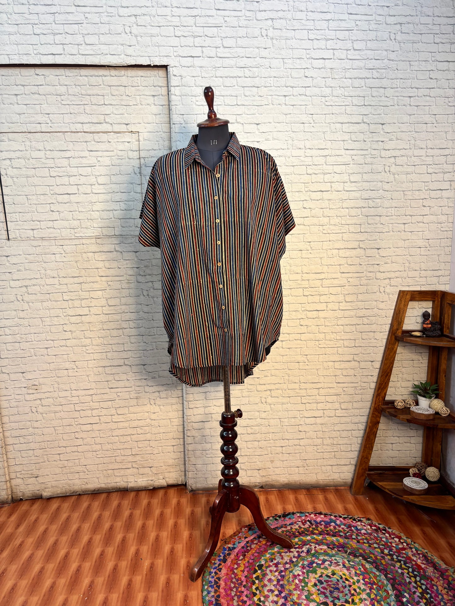 Black Red Stripes Ajrakh Cotton High Low Shirt Kaftan