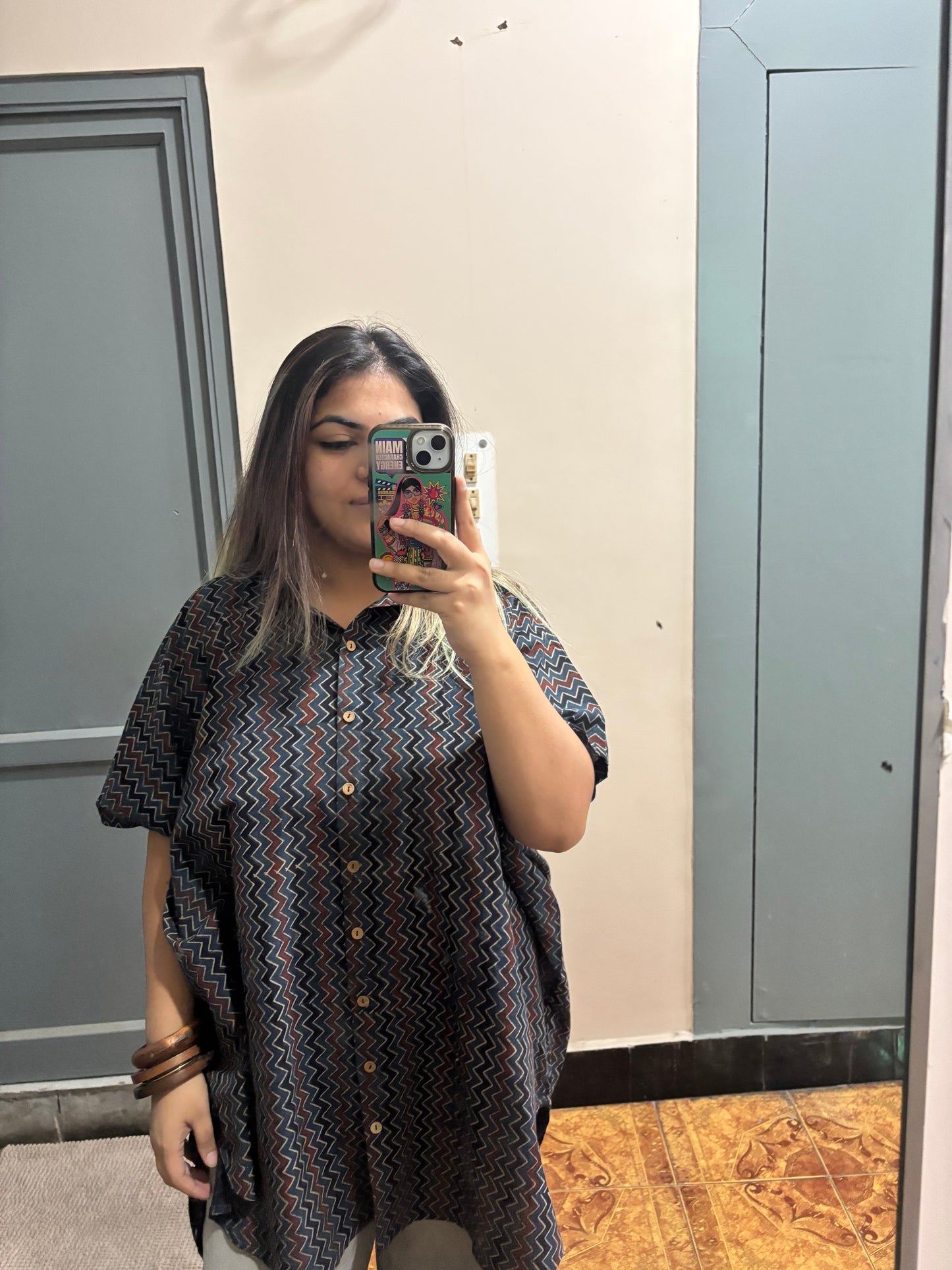 Indigo Zig Zag Ajrakh High Low Shirt Kaftan