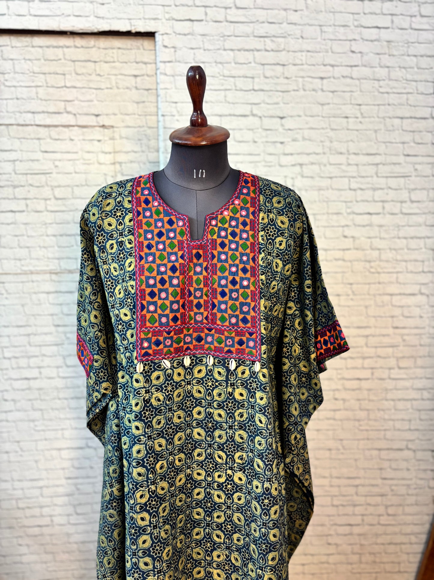 Indigo Green Ajrakh Hand Embroidered Patch Kaftan