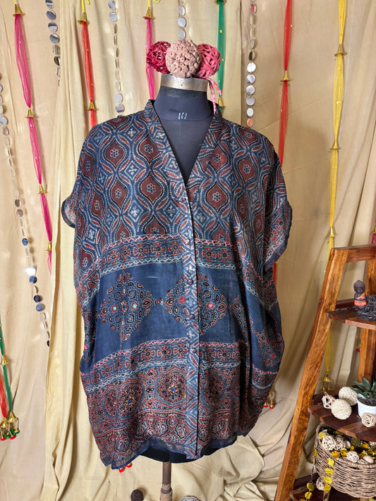 Indigo Red Ajrakh Chanderi Shirt Kaftan with Hand Embroidery