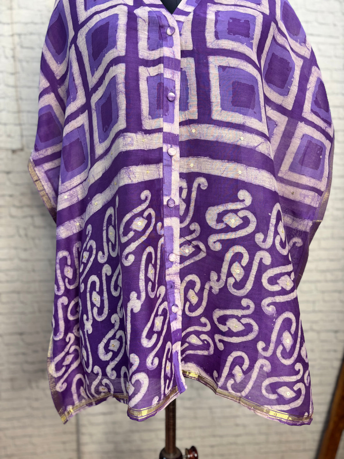 Purple Boxes Dabu Chanderi Shirt Kaftan with Sequin Detailing