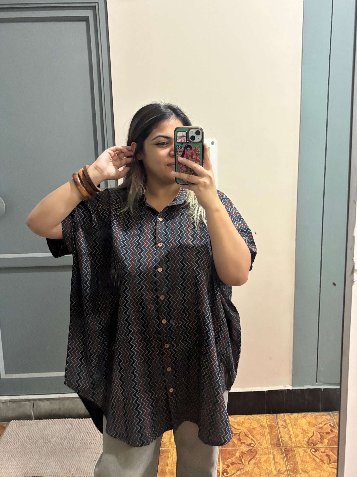 Indigo Zig Zag Ajrakh High Low Shirt Kaftan