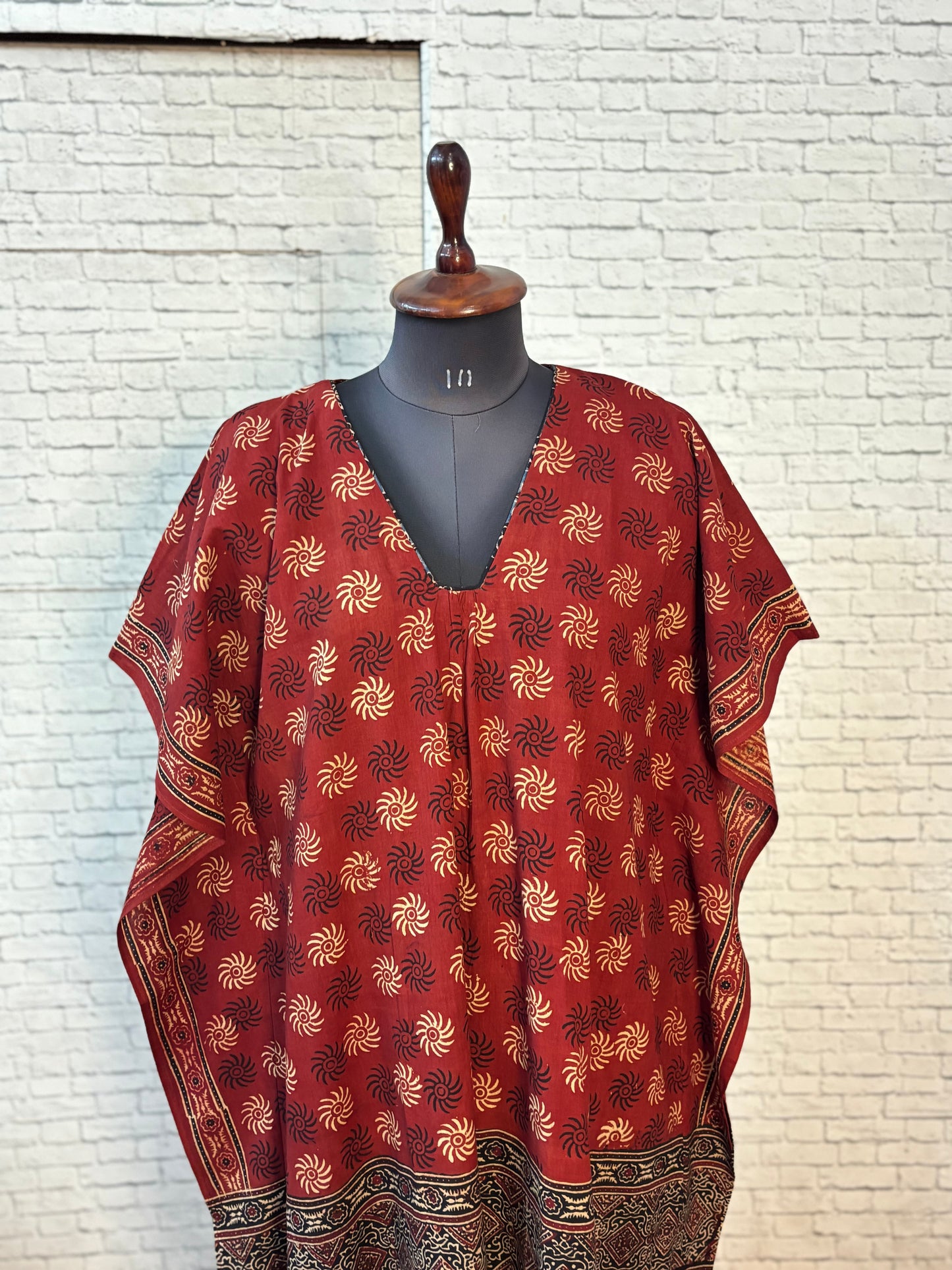 Red Black Ajrakh Long Kaftan with Gather and Tassels