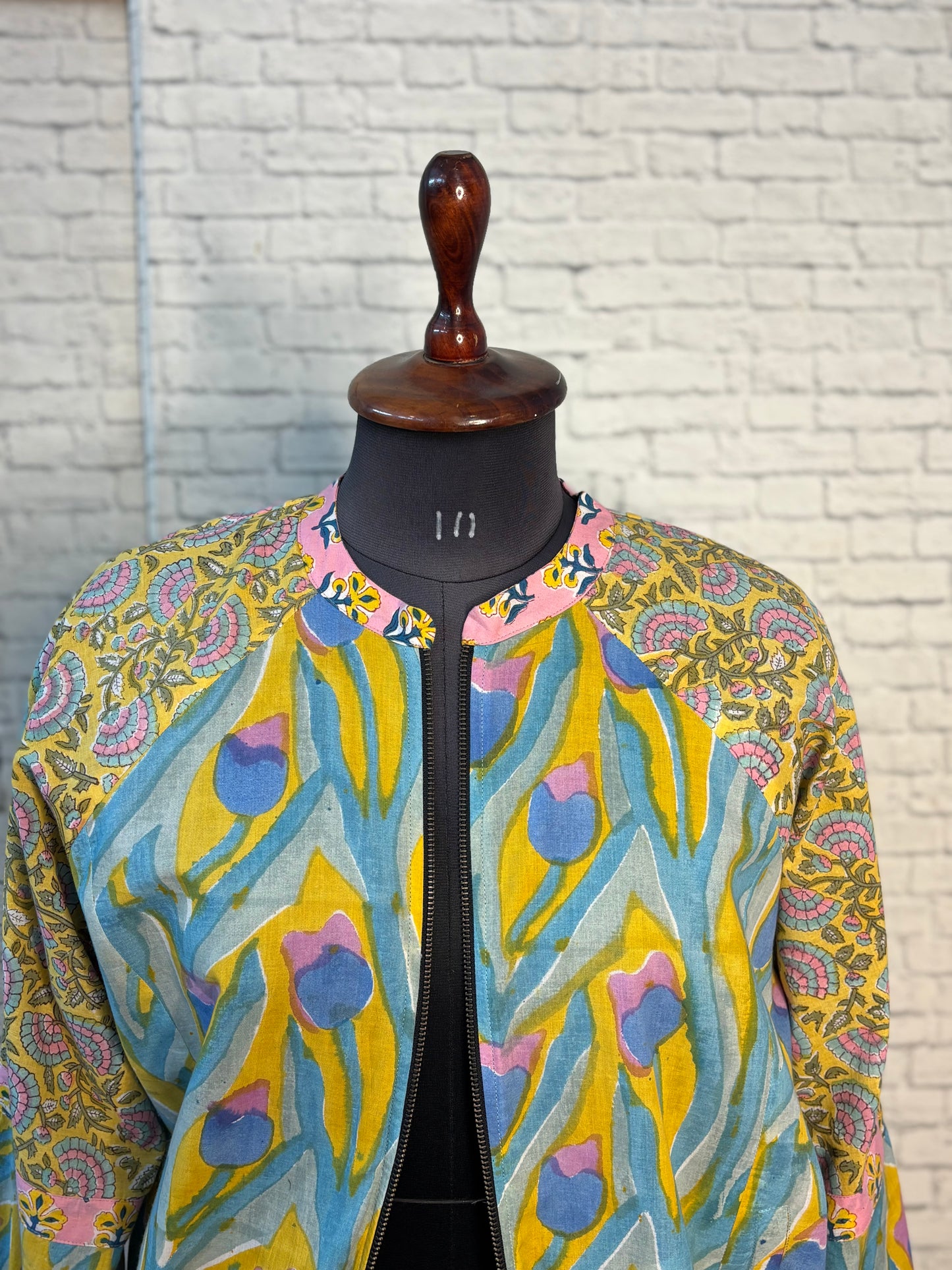 Yellow Pink Hand Block Printed Unisex Bomber Jacket