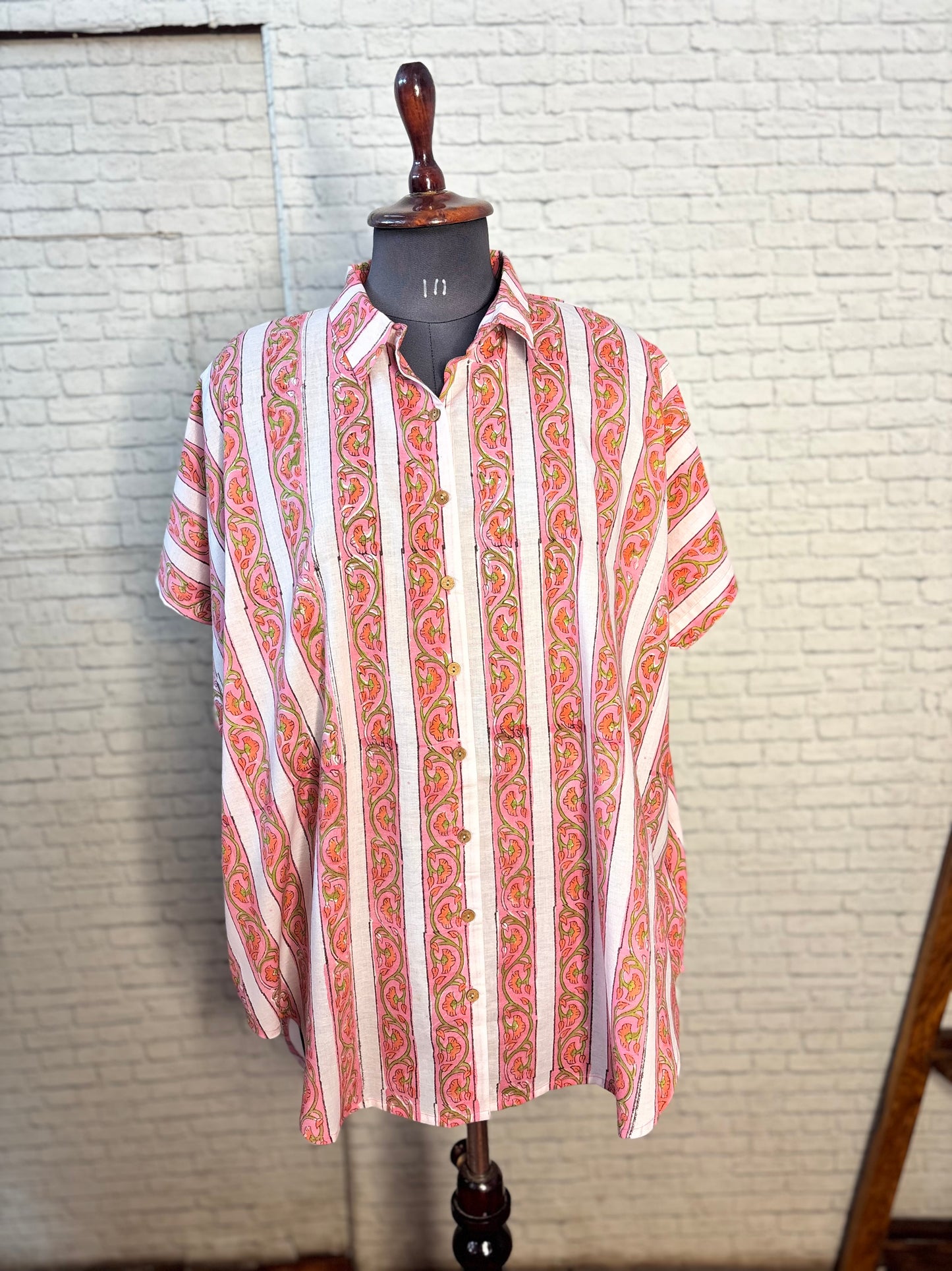 Rose Peach Cotton Hand Block Printed High-Low Shirt Kaftan