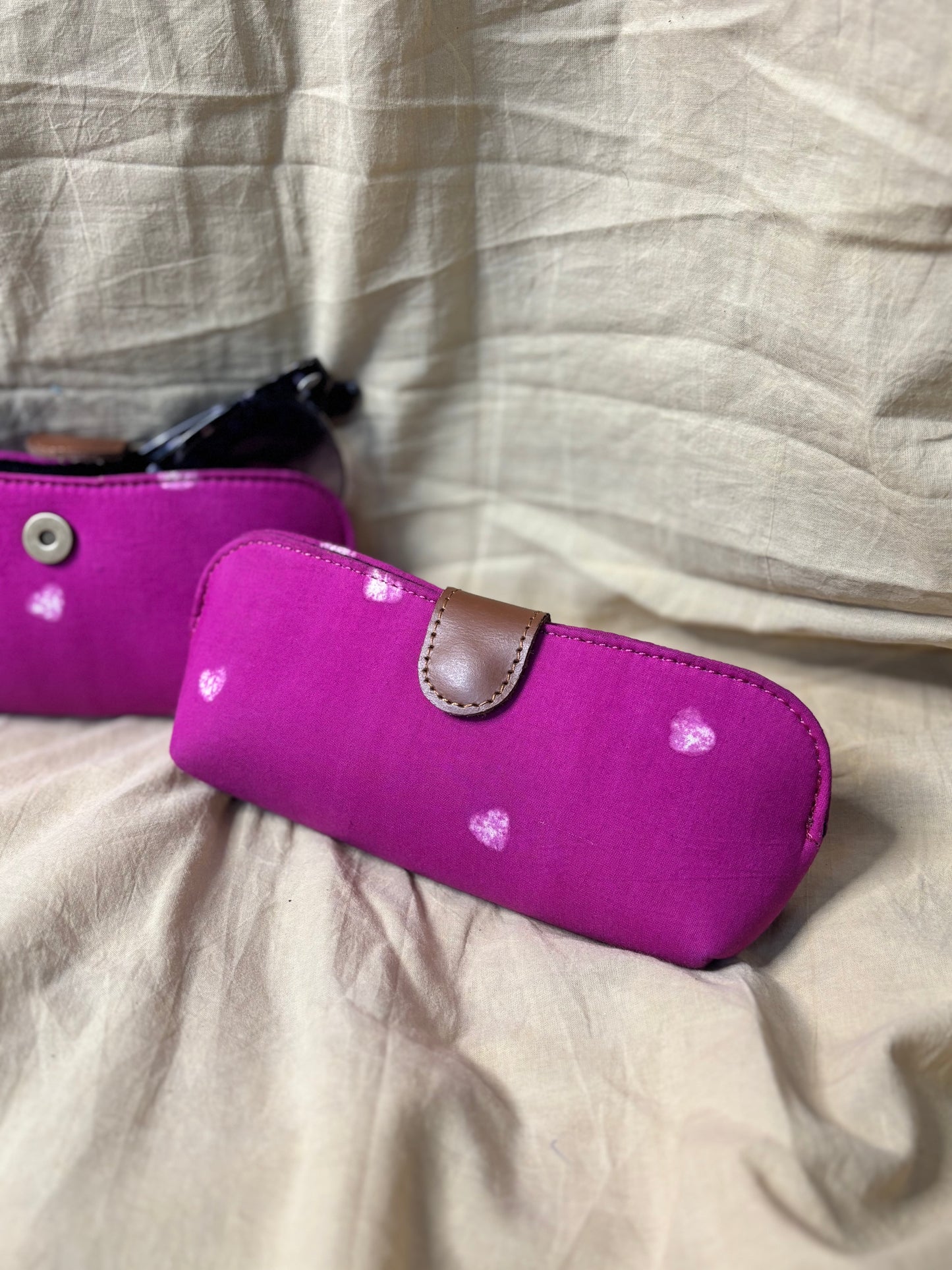 Pink Hearts Hand Block Print Eyewear Case