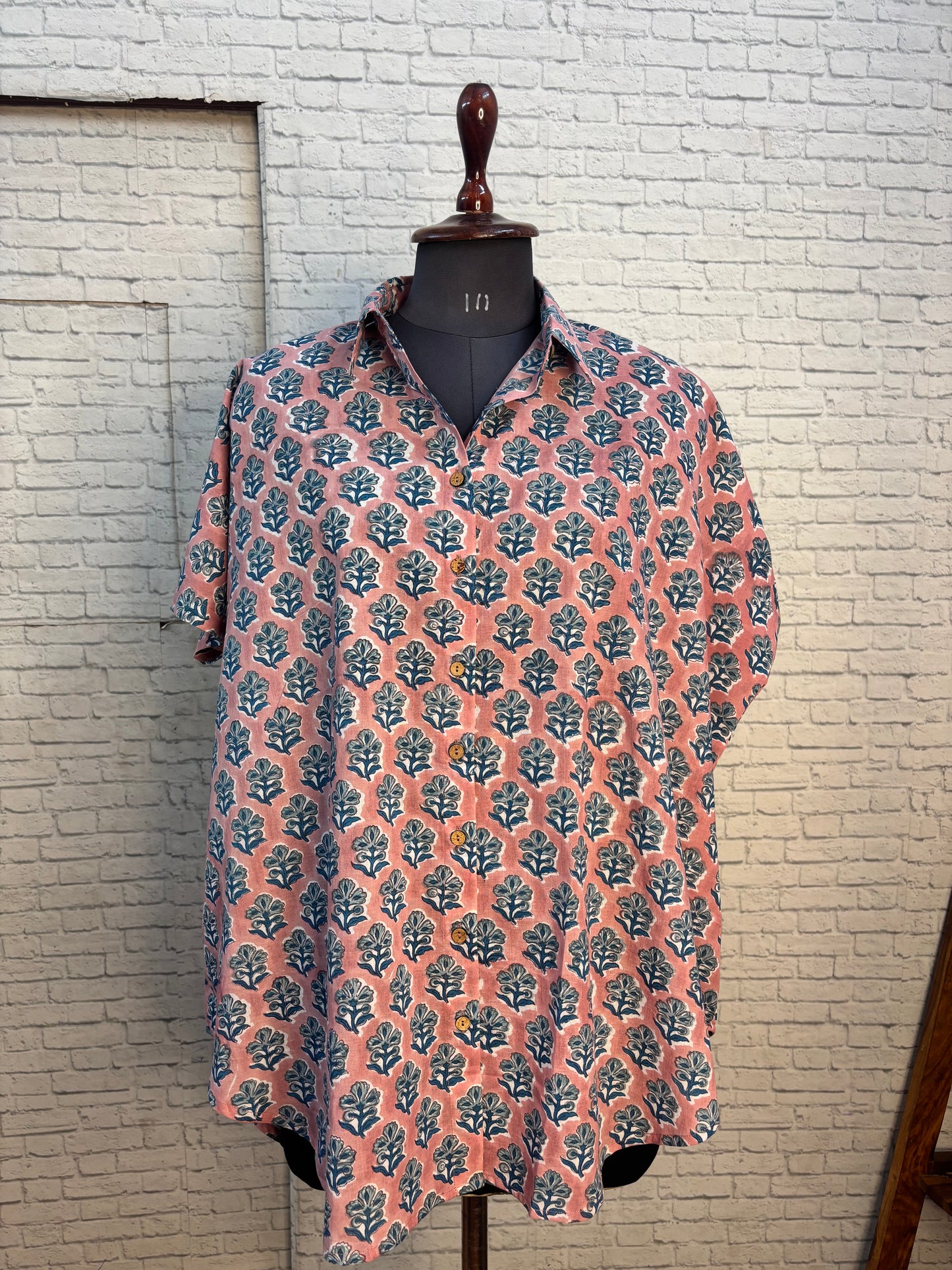 Peach Teal Hand Block Printed Cotton High Low Shirt Kaftan