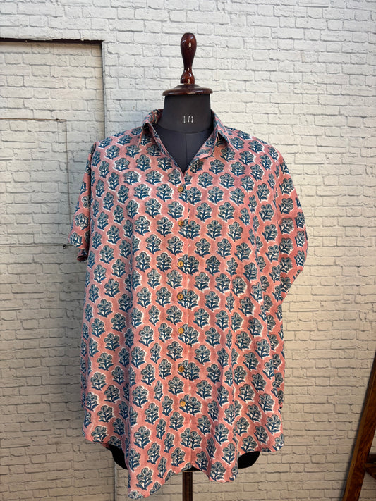 Peach Teal Hand Block Printed Cotton High Low Shirt Kaftan