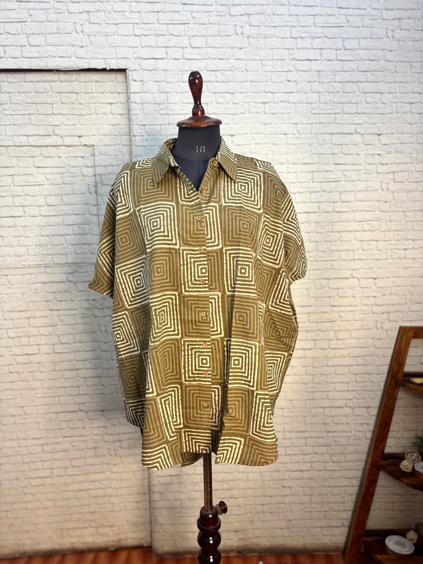 Olive Maze Cotton High Low Shirt Kaftan