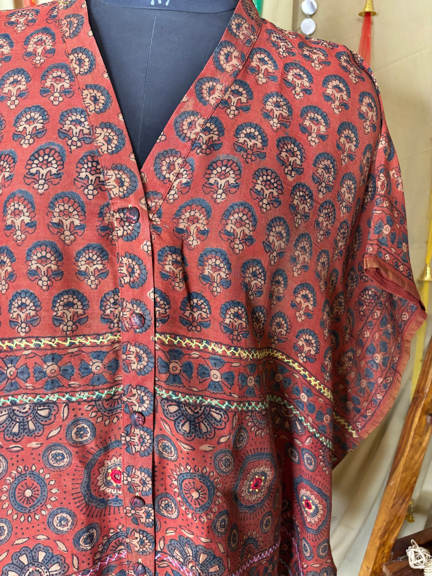 Red Ajrakh Chanderi Shirt Kaftan with Hand Embroidery
