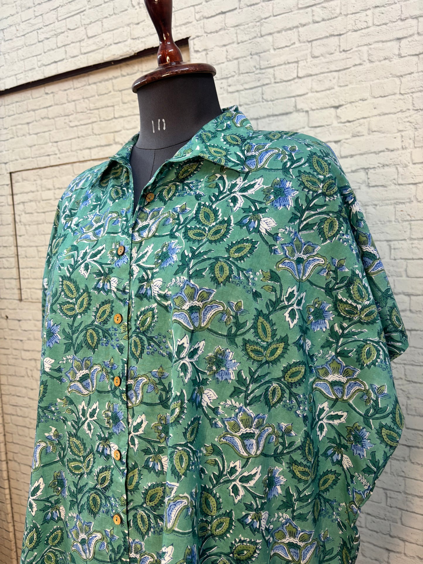 Green Floral  Hand Block Printed Cotton High Low Shirt Kaftan