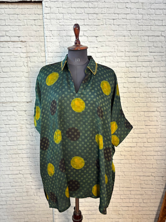 Green Yellow Circle Modal Silk Ajrakh Kaftan Top