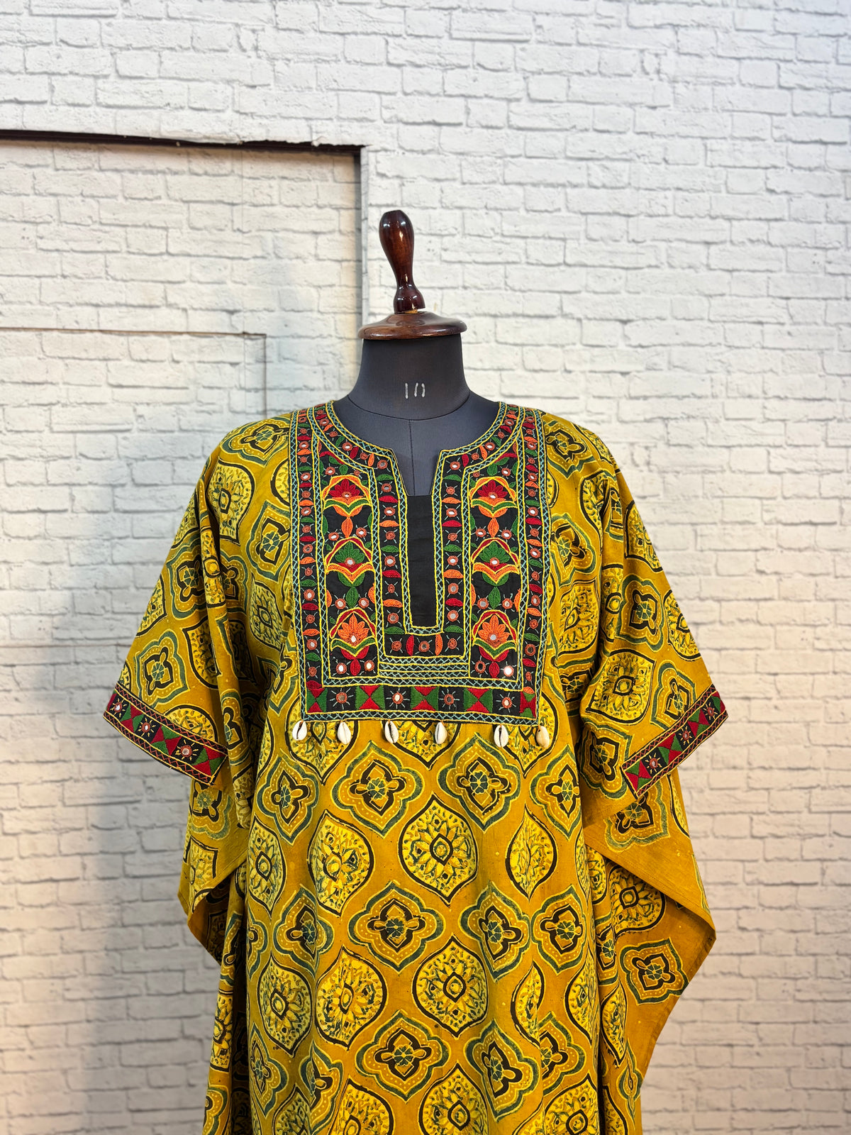 Yellow Green Ajrakh Hand Embroidered Patch Kaftan