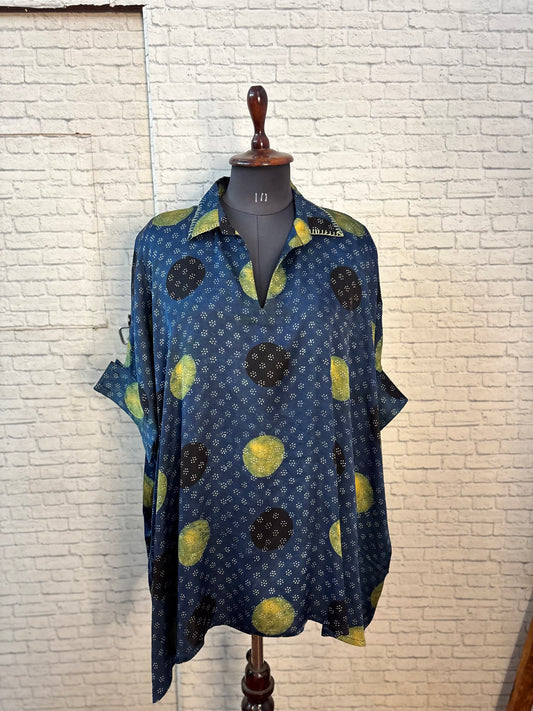 Indigo Green Circles Modal Silk Ajrakh Kaftan Top