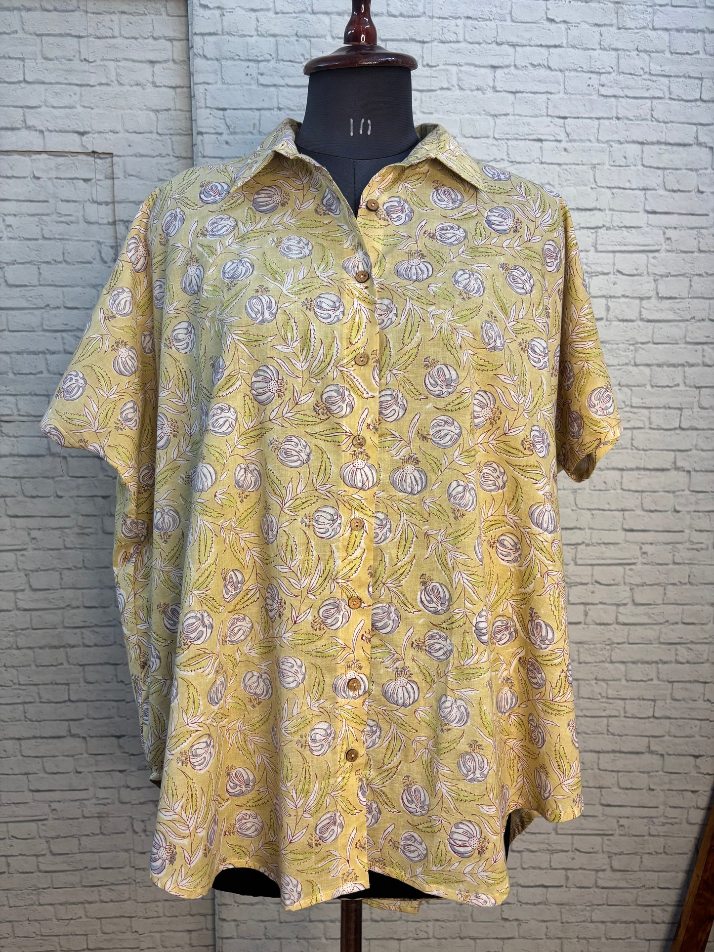 Lemon Yellow Hand Block Printed Cotton High Low Shirt Kaftan