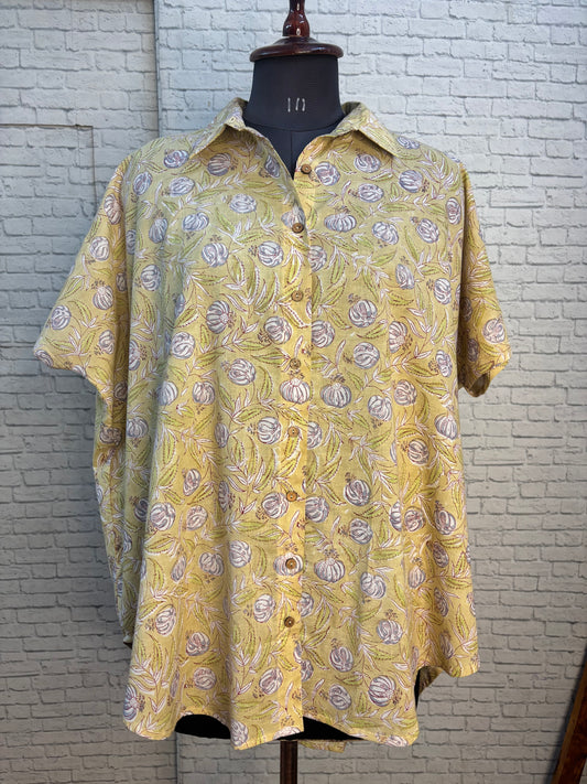 Lemon Yellow Hand Block Printed Cotton High Low Shirt Kaftan