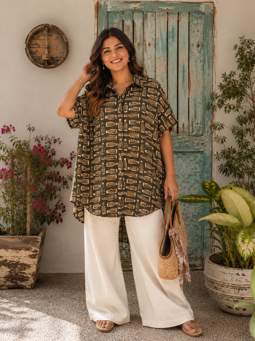 Brown Bottles Dabu Cotton High Low Shirt Kaftan
