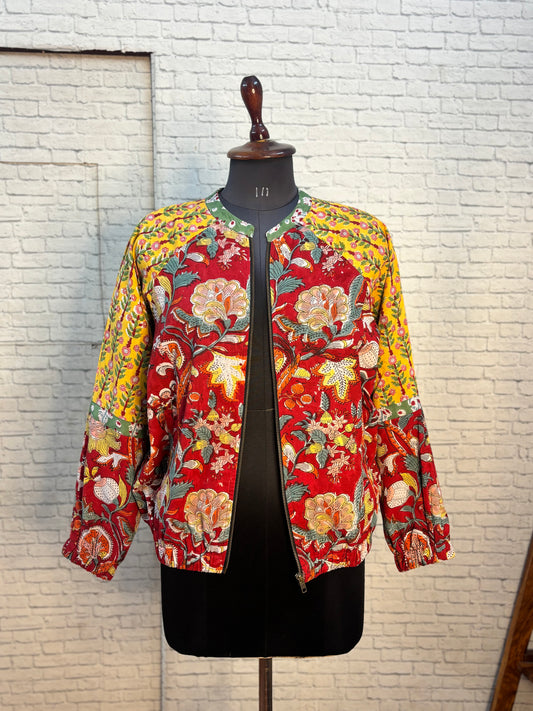 Red Yellow Hand Block Printed Unisex Bomber Jacket