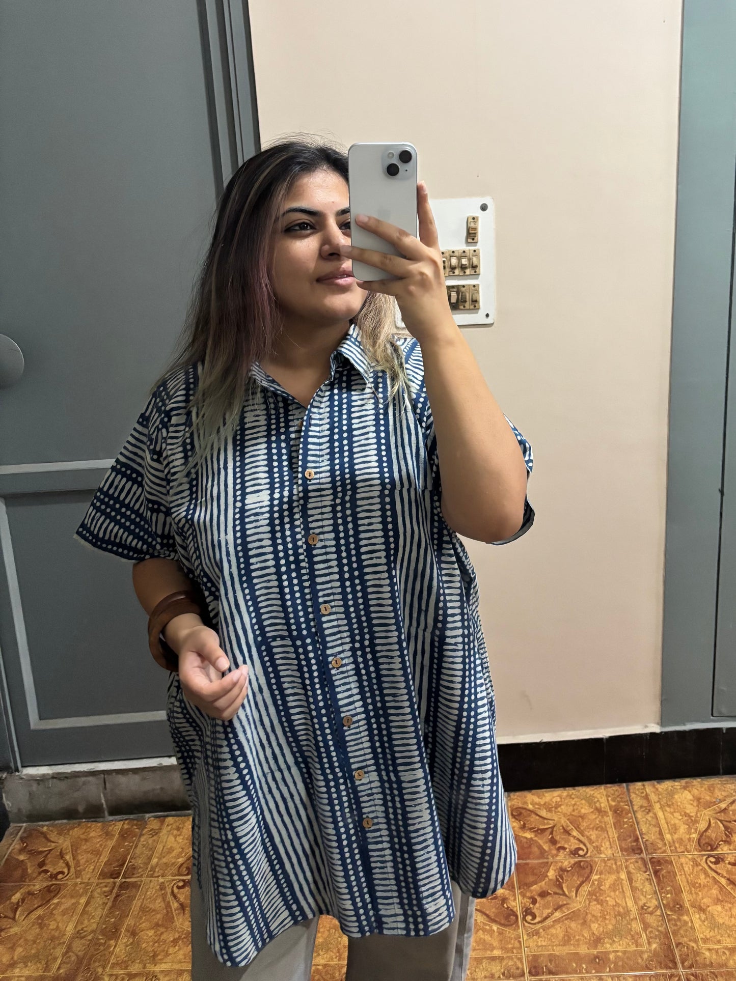 Indigo Dabu Cotton High Low Shirt Kaftan