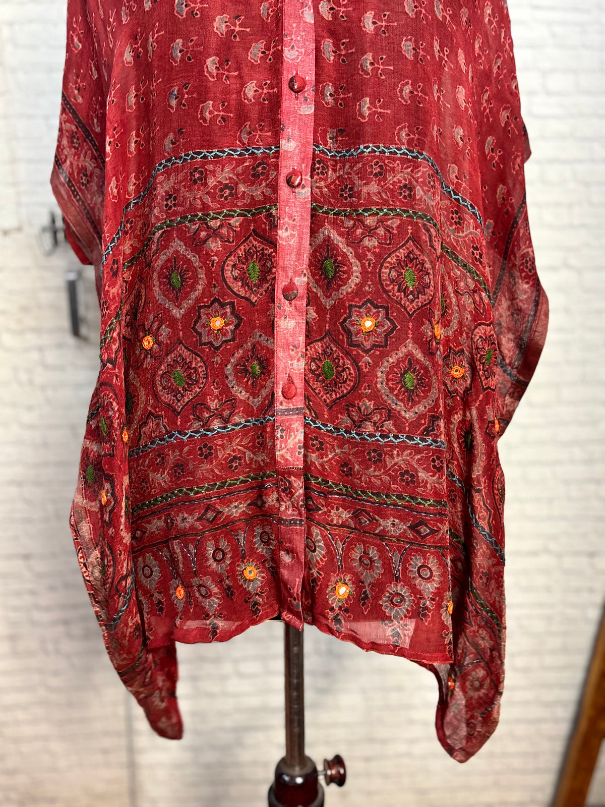 Red Ajrakh Chanderi Shirt Kaftan with Hand Embroidery