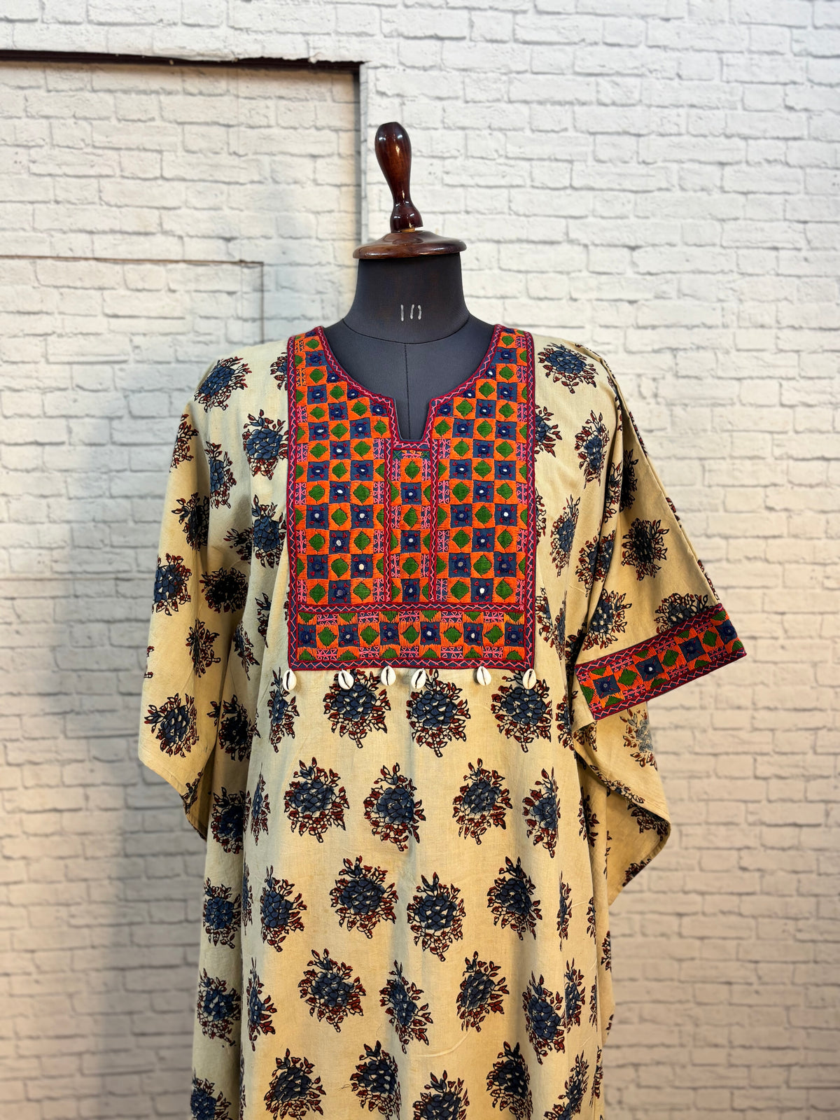 White Ajrakh Hand Embroidered Patch Kaftan