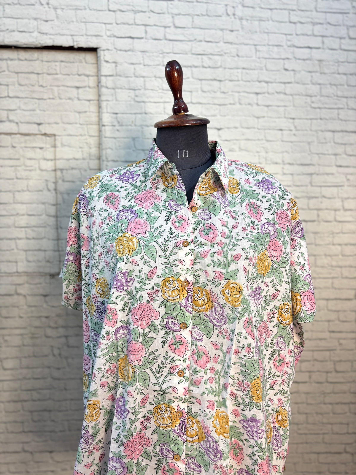 White Rose Hand Block Printed Cotton High Low Shirt Kaftan