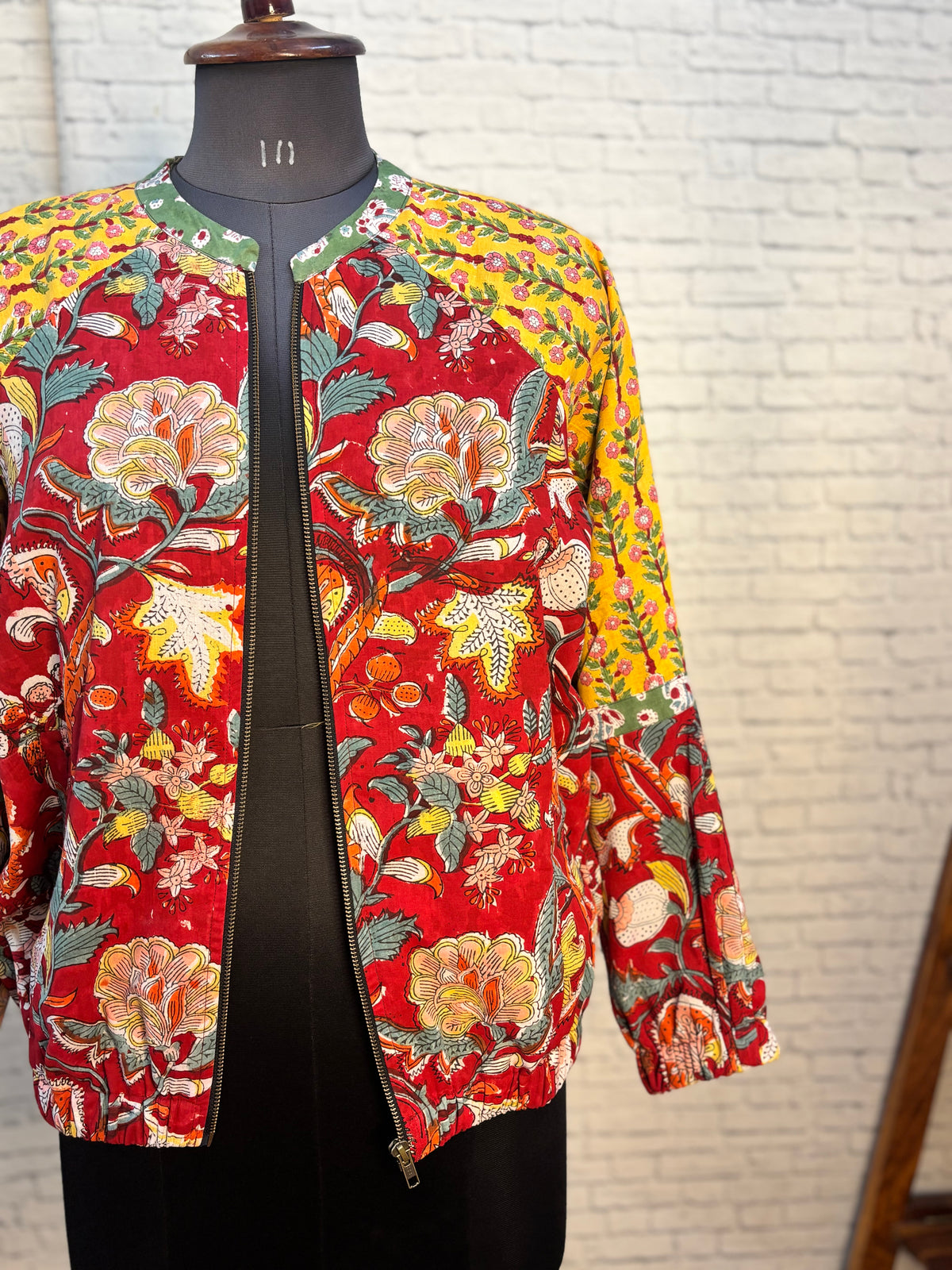 Red Yellow Hand Block Printed Unisex Bomber Jacket