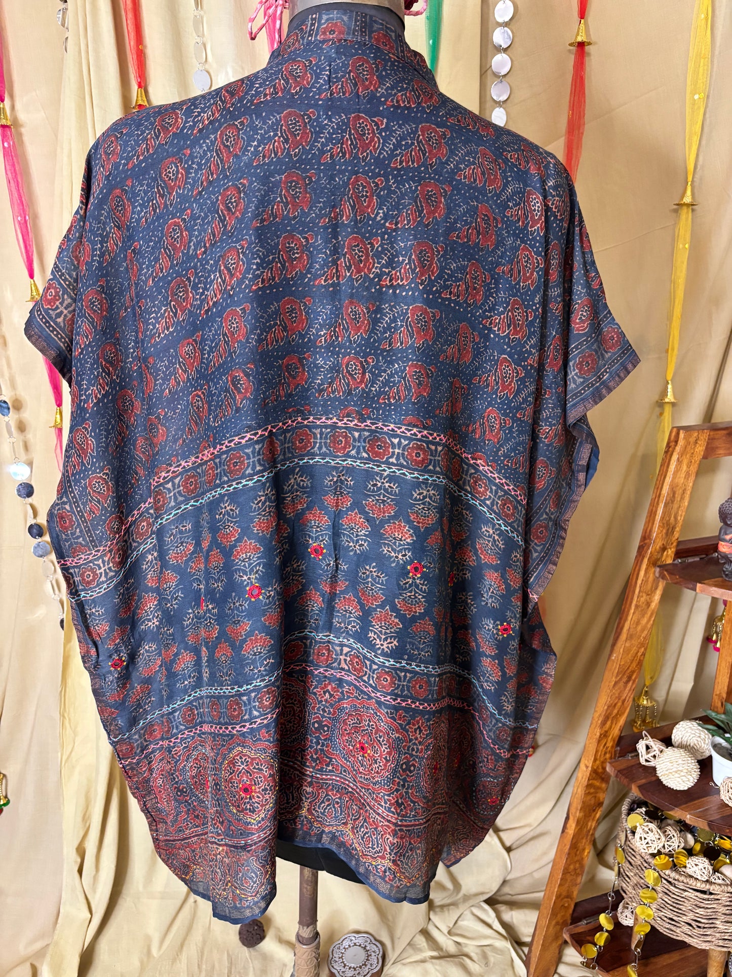 Indigo Red Ajrakh Chanderi Shirt Kaftan with Hand Embroidery