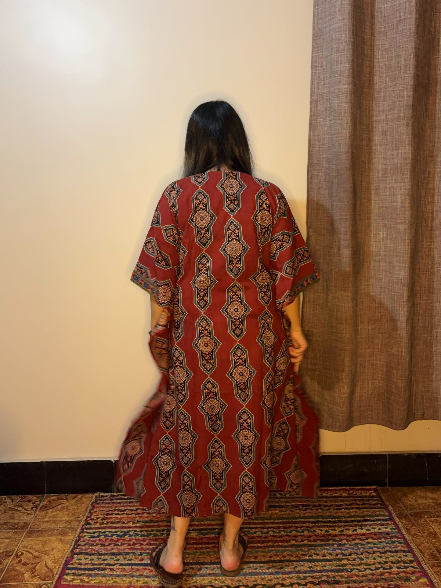 Red Ajrakh Hand Embroidered Patch Kaftan