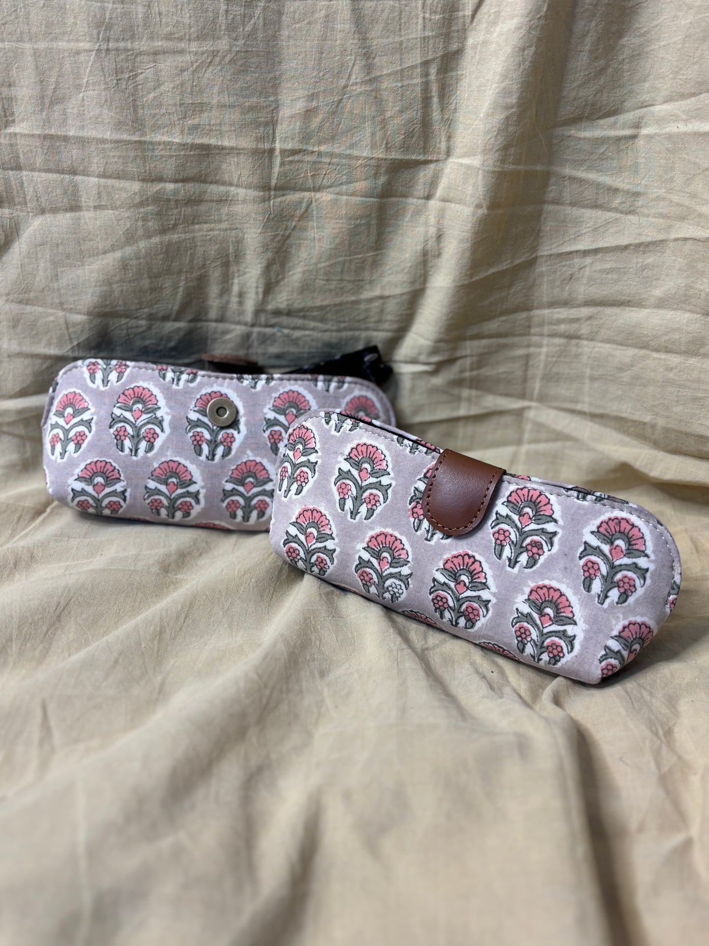 Brown Pink Hand Block Print Eyewear Case