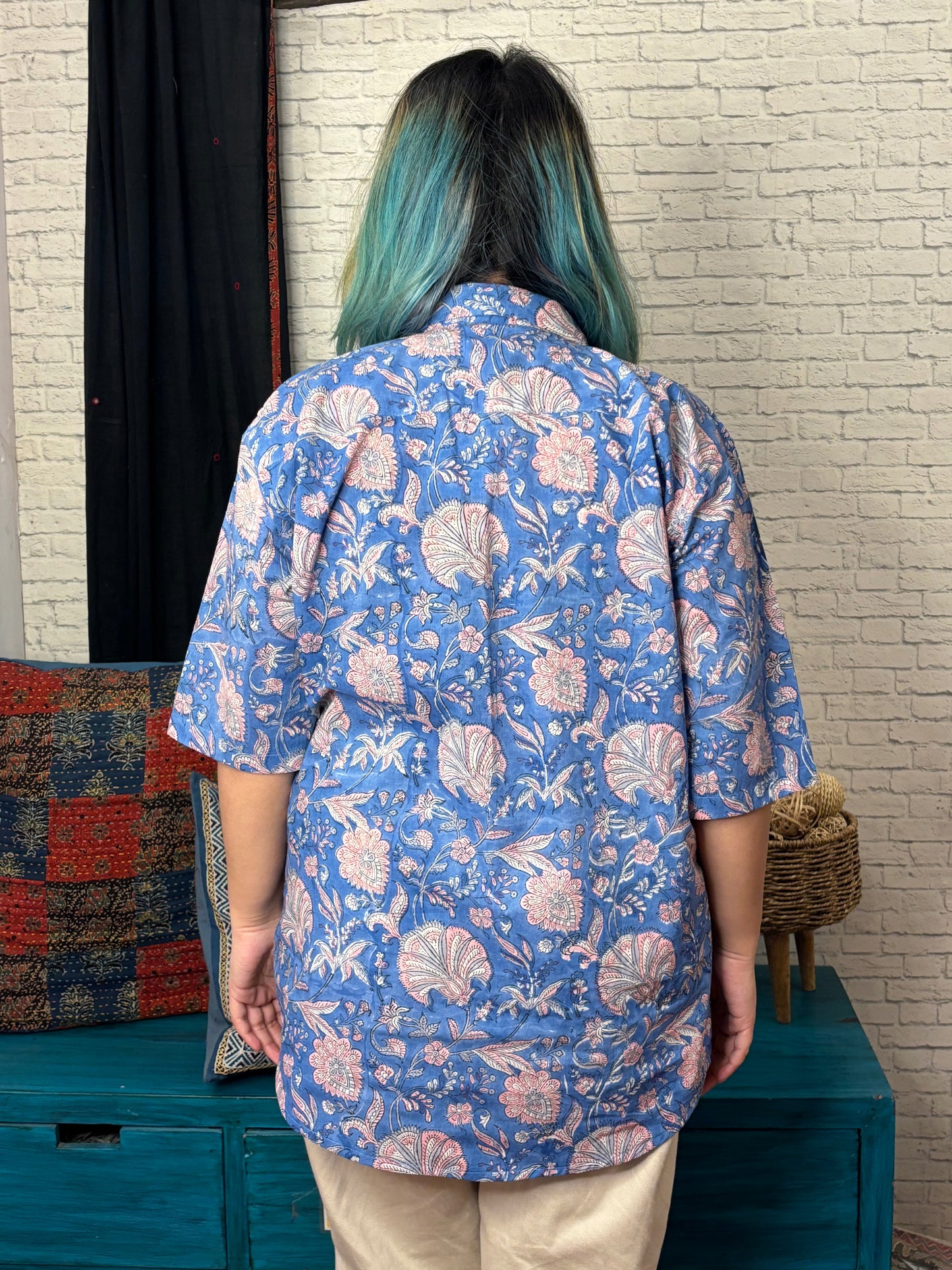 Blue Pink Floral Hand Block Printed Half Sleeves Unisex Shirt