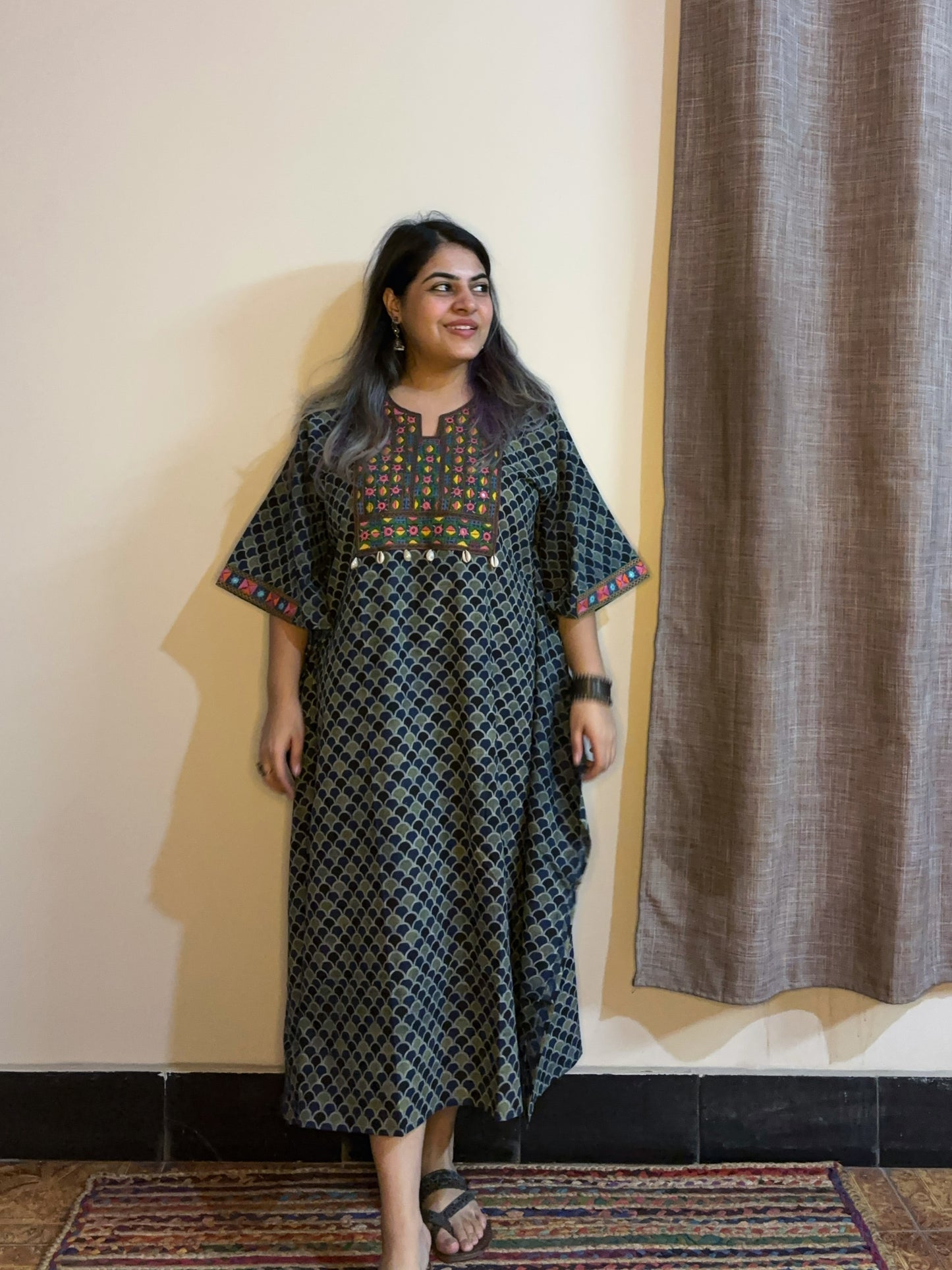 Indigo Green Ajrakh Hand Embroidered Patch Kaftan
