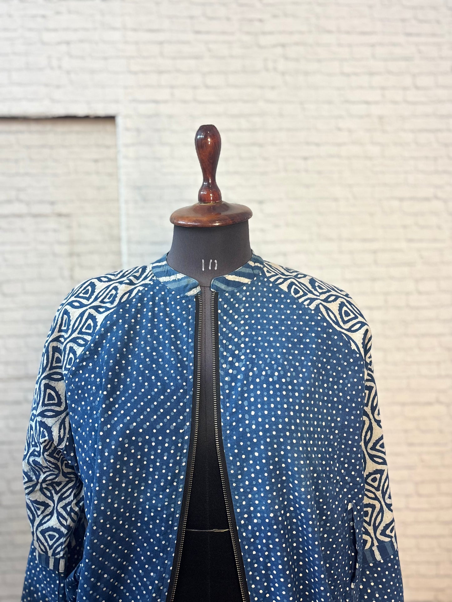 Indigo Dots Hand Block Printed Unisex Bomber Jacket