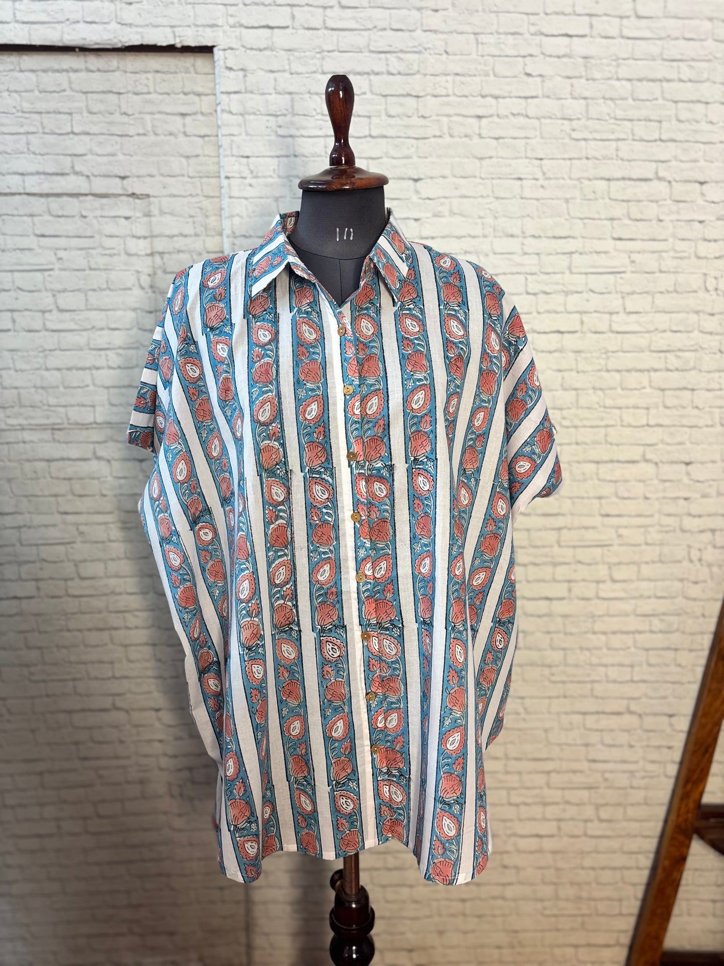 Blue Coral Cotton Hand Block Printed High-Low Shirt Kaftan