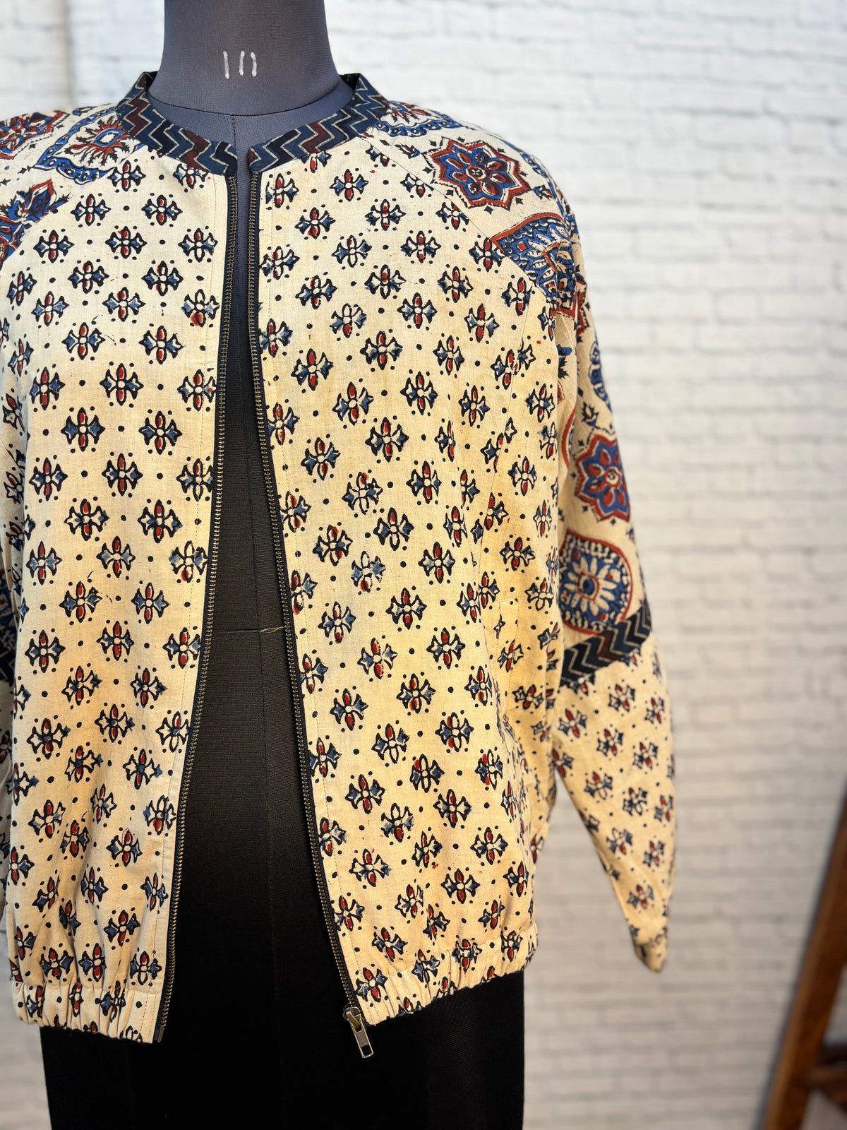 White Ajrakh Hand Block Printed Unisex Bomber Jacket