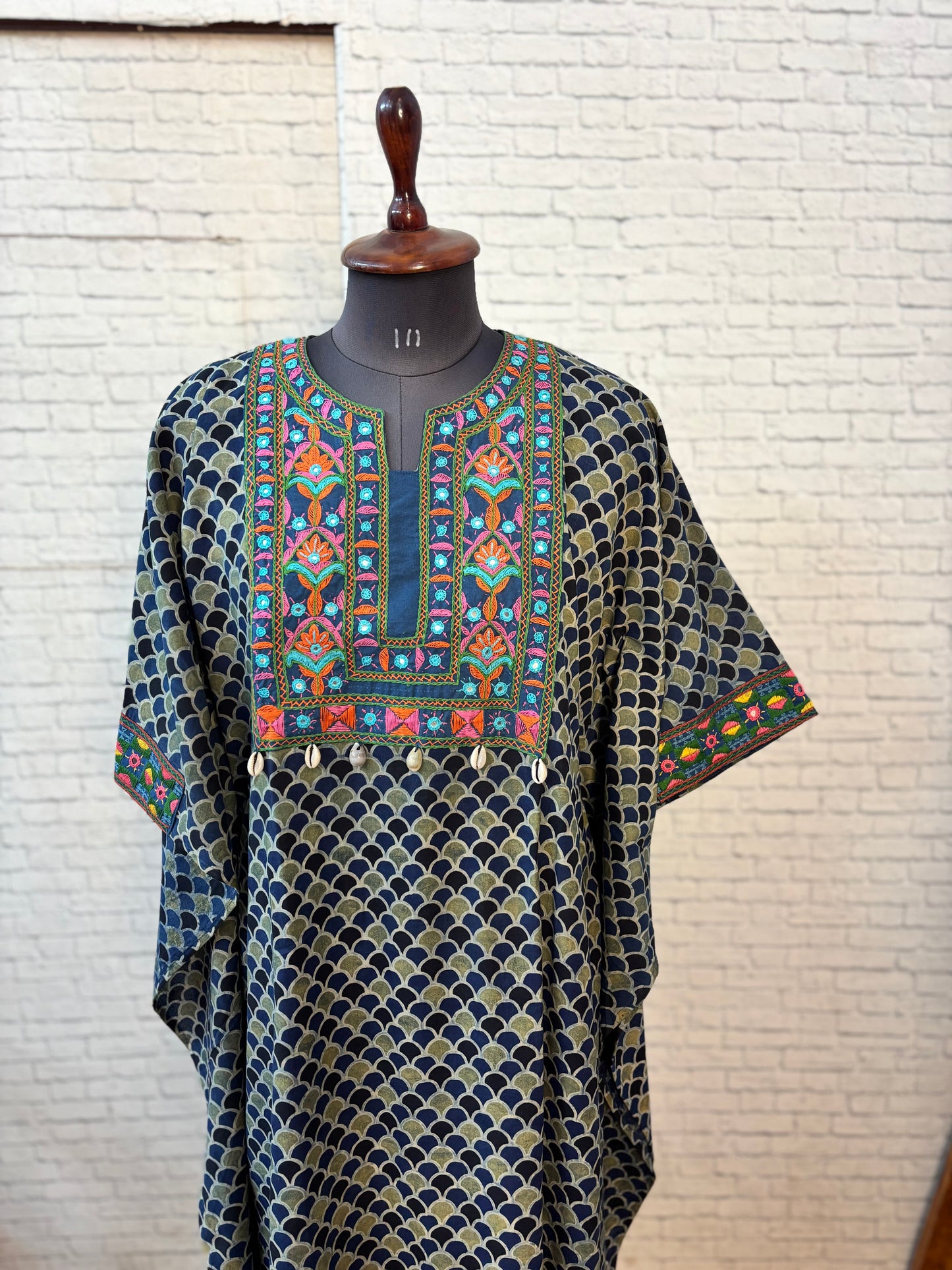 Indigo Green Ajrakh Hand Embroidered Patch Kaftan